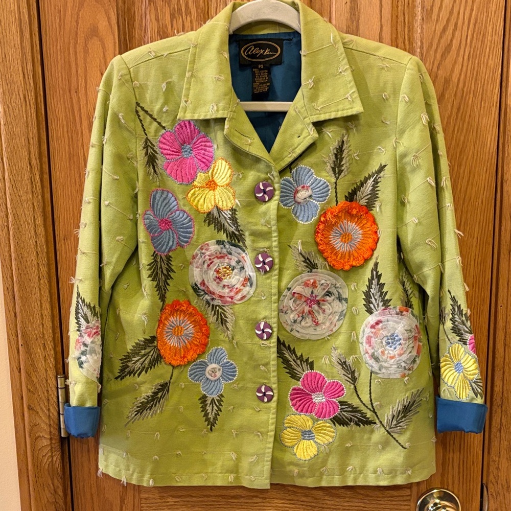 Alex Kim Embroidered Lime Green Jacket - Teal/Blue Lining